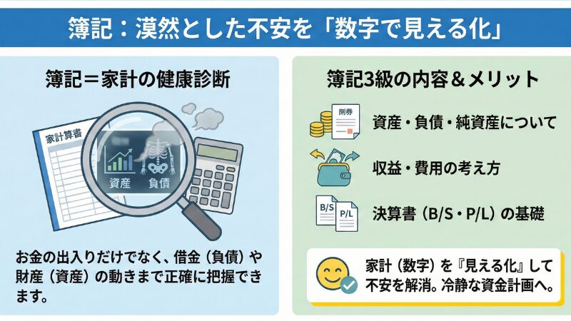 簿記は漠然とした不安を数字で見える化する「家計の健康診断」であるという解説と、簿記3級で学ぶ内容（資産・負債、収益・費用、決算書など）の図解イラスト