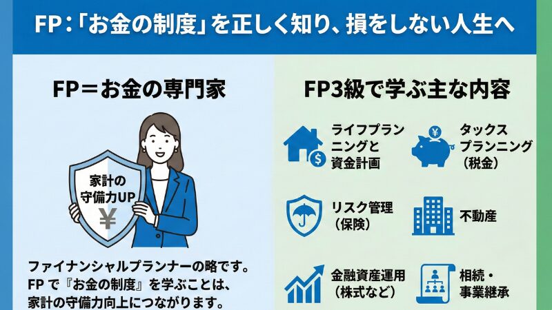 FP（ファイナンシャルプランナー）はお金の専門家であり家計の守備力を高めるという解説と、FP3級で学ぶ6つの分野（ライフプランニング、税金、リスク管理、不動産、金融資産運用、相続）の図解