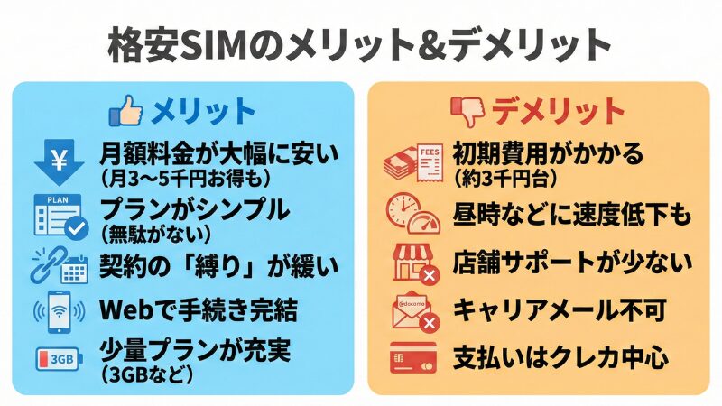 格安SIMのメリット（月額料金が安い・プランがシンプル・Web完結）とデメリット（初期費用・昼時の速度低下・店舗サポート不足・キャリアメール不可）の比較図解
