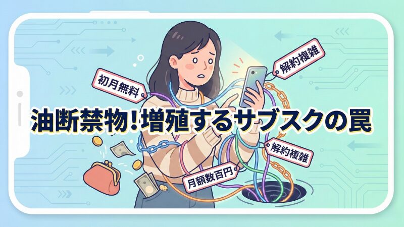 サブスクは簡単に契約できる分いつの間にか増殖しやすいので注意が必要という図解。「初月無料」や「月額数百円」の罠にはまり、解約が複雑でお金が逃げていくイメージ