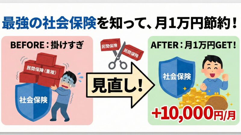 最強の社会保険を知って民間保険を見直し、月1万円節約するビフォーアフターの図解。掛けすぎた保険を整理して毎月1万円プラスになるイメージ