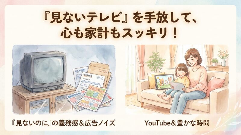 テレビを手放してNHK受信料を解約し、YouTubeプレミアムへ切り替える節約術の図解。広告による不要な購買意欲の刺激を抑え、本当に価値のあるものに時間とお金を使うための比較イメージ