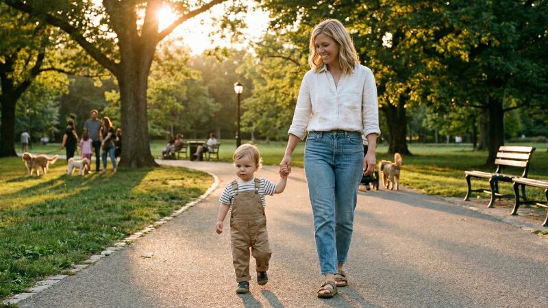 保険を見直して家計の不安を解消し、増えたお金で未来への選択肢を広げた親子のイメージ。希望を持って明るい未来へと歩き出すシンママと子どもの姿