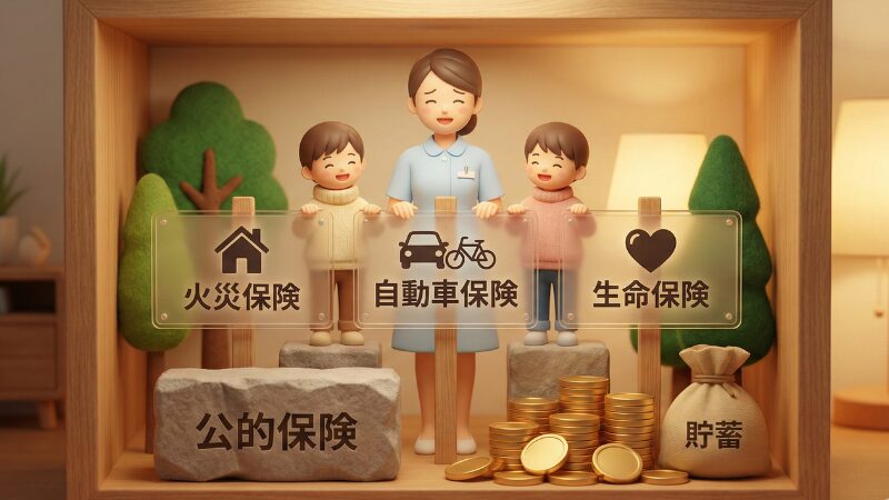 公的保険を土台に、火災保険・自動車保険・生命保険と貯蓄で備える家計のイメージ