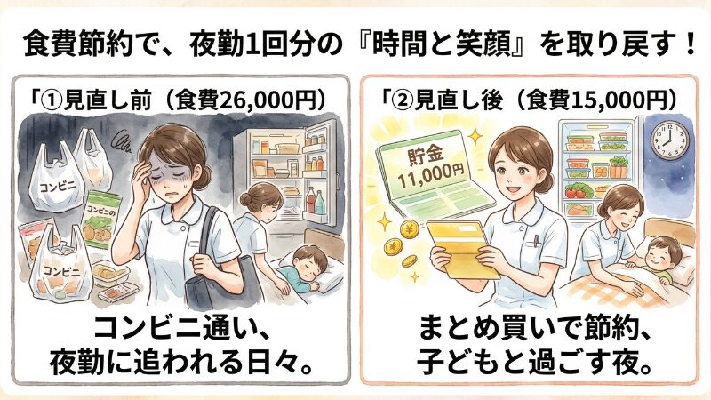 食費節約で夜勤1回分の時間と笑顔を取り戻す！食費26,000円から15,000円に改善した比較イラスト