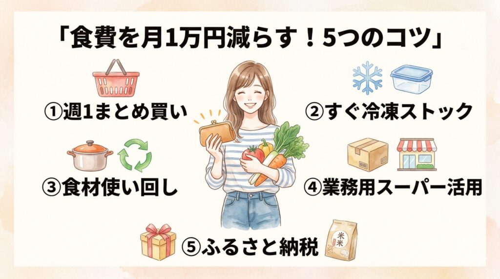 食費を月1万円減らす5つのコツ（週1まとめ買い・冷凍ストック・食材使い回し・業務用スーパー・ふるさと納税）のイラスト