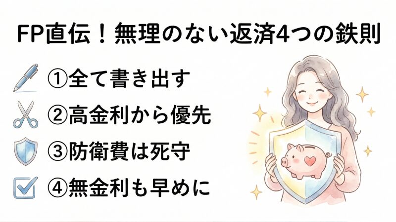 FPが教えるローンを確実に減らす4つのポイント。①ローン残高と金利の可視化、②高金利なローンからの優先返済、③生活防衛資金の確保、④無金利ローンも早期完済して心のゆとりを作る、という家計と心を守る返済術の図解。