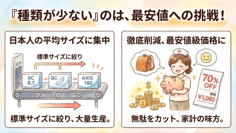 コンタクトレンズdicon（ダイコン）が種類を絞っている理由の図解。種類が少ないことはデメリット。しかし商品数を限定することで管理コストを徹底的に抑え、低価格を実現。デメリットとメリットを両立している解説