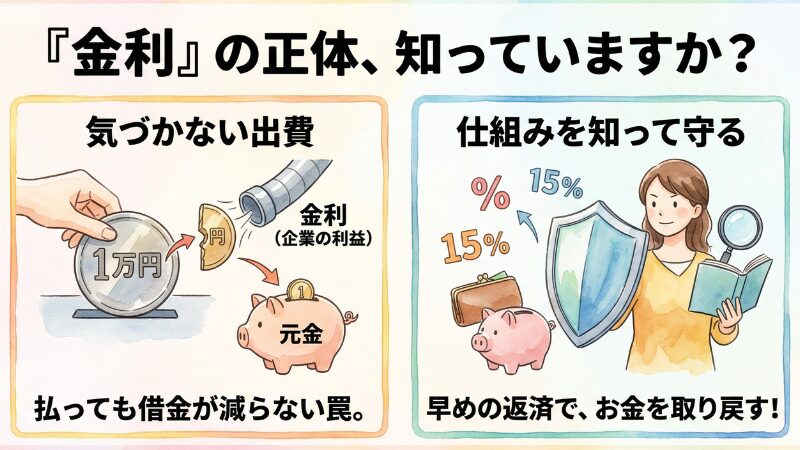 借金（ローン）の金利を減らすことが最強の節約になる理由を解説した画像。利息の仕組みを正しく学び、ローンの早期返済で家計と心にゆとりを生むための提案。