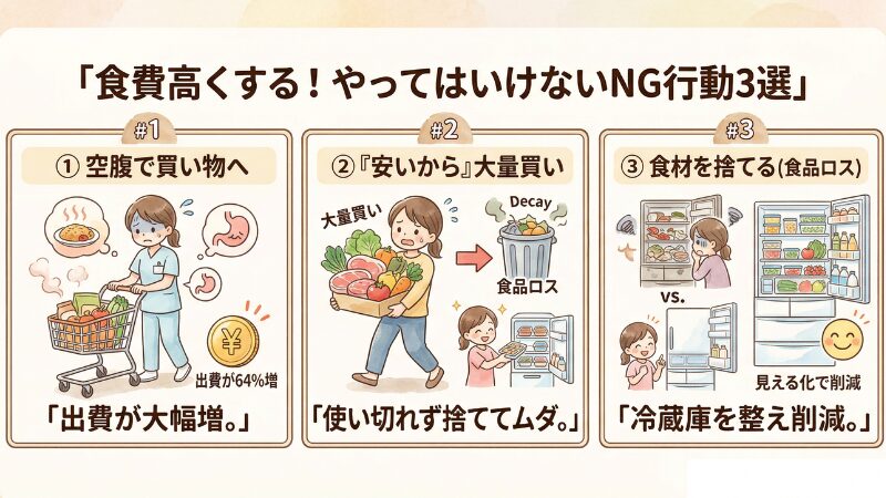 食費節約でやってはいけないNG行動3つ（空腹での買い物・安いからの大量買い・食品ロス）のイラスト