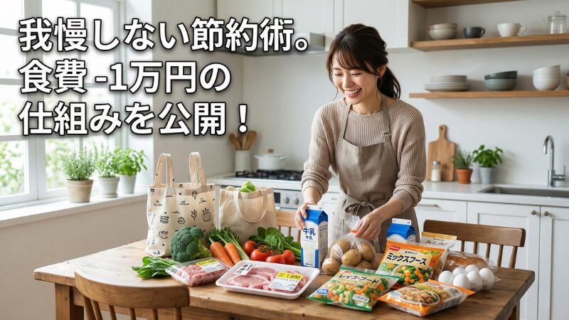 笑顔で節約を楽しむ女性のイラスト