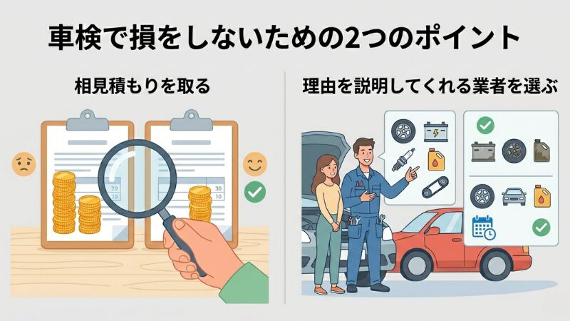 車検で損をしないための2つのポイントをまとめた図解イラスト。左側は「相見積もりを取る」として、見積書とコイン、虫眼鏡で金額を比較する様子。右側は「理由を説明してくれる業者を選ぶ」として、整備士が顧客に整備箇所（タイヤ、バッテリー、オイルなど）の緊急度を分けて説明する様子。