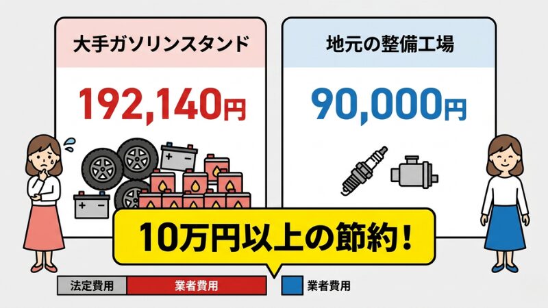 大手ガソリンスタンド（約19万円）と地元の整備工場（9万円）の車検見積もり比較。不要な部品交換をカットすることで10万円以上の節約になったことを示す図解。