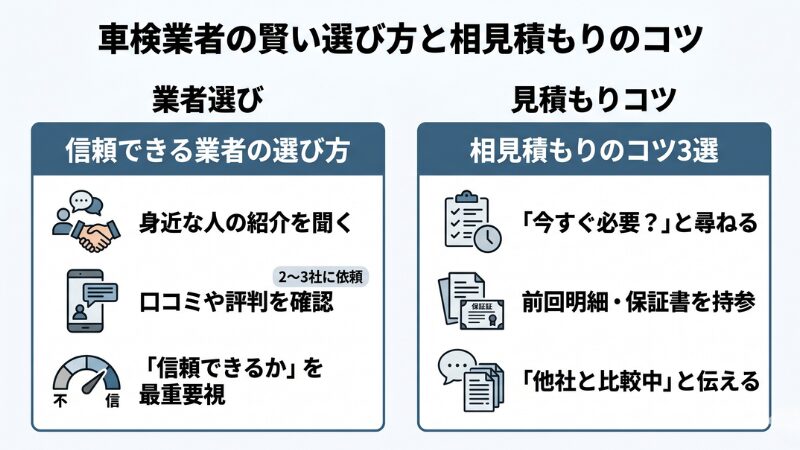 車検業者選びと相見積もりのコツをまとめた図解。身近な人の紹介や口コミを活用した「信頼できる業者の選び方」と、不要な出費を防ぐための「相見積もり3つのコツ」を解説しています。