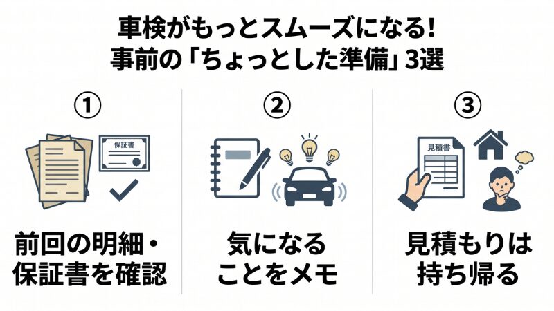 車検をスムーズにするための、事前の「ちょっとした準備」3選。前回の明細確認、気になることのメモ、見積もりの持ち帰りで、不要な整備を防ぎ、焦らず比較検討することを伝えるインフォグラフィック。