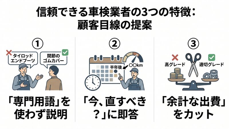 信頼できる車検業者の3つの特徴（専門用語を使わない、具体的な交換目安を提示、不要な出費をカット）を、顧客目線の提案としてまとめたインフォグラフィック。