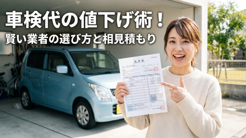 軽自動車の車検見積書を手に持ち、劇的な値下げに驚き喜ぶ3女性。相見積もりと業者選びで、19万円の車検代が9万円になった実録を伝えるブログのアイキャッチ画像。