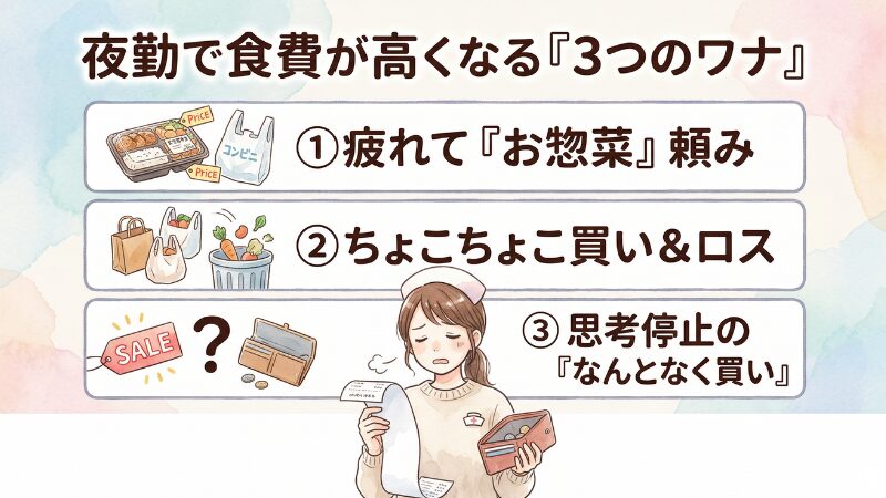 夜勤ありの生活で食費が高くなる3つの理由（お惣菜頼み・ちょこちょこ買い・なんとなく買い）のイラスト